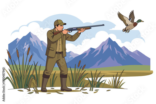 Man hunting ducks with shotgun in wetland landscape.