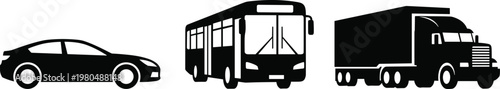 Transportation silhouette set featuring car bus and cargo truck black vector collection for logistics and urban mobility design