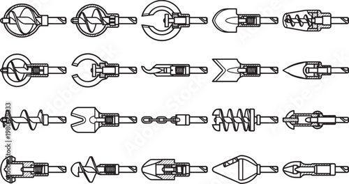 A collection of various tool heads isolated. Illustrating the diverse types of tools used for a variety of tasks in a clean, high-quality, and versatile style. 