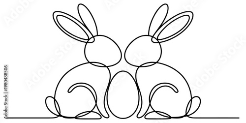 A minimalist single line drawing illustration of two cute rabbits sitting beside an easter egg