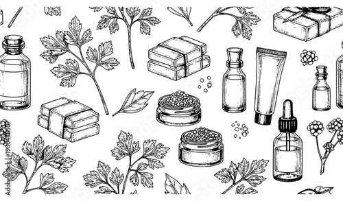 Parsley Seamless Pattern Botanical Cosmetic Oil Soap Vector Design
