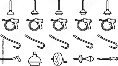 Tool set illustrated in monochrome, showcasing a collection of tools. From plunger to hand auger, each one is meticulously rendered in a flat, illustrative style.