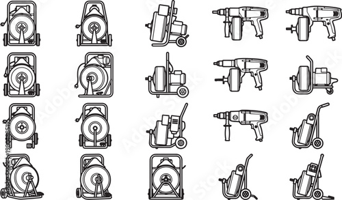 An assortment of tools, showcasing construction equipment, including mixers, and drills, ready for projects. 