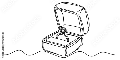 A single continuous line drawing of an open ring box featuring a sparkling diamond engagement ring