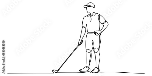 A continuous line drawing of a male golfer standing on the green with his club in his right hand