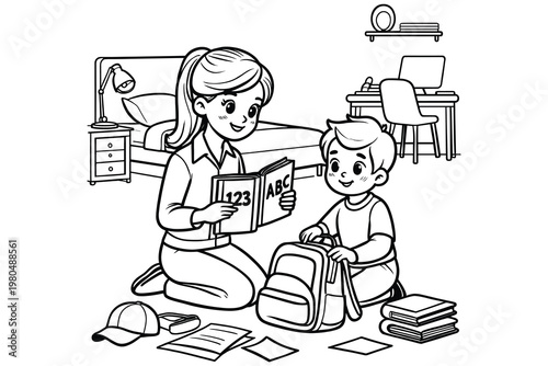 Mother reads educational book to her son, preparing him for school, creating a learning moment.
