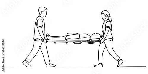 Continuous line drawing of two medical workers carrying a patient on a stretcher to the hospital