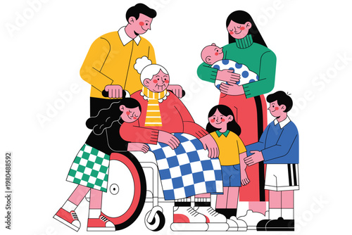 Multigenerational family gathers around grandmother in wheelchair.