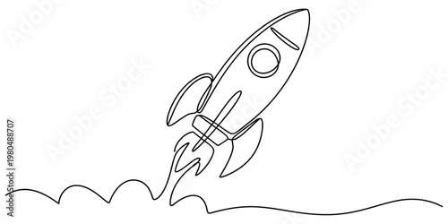 A single continuous line drawing of a rocket ship blasting off into the sky with simple design