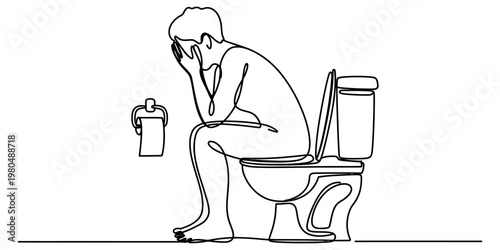 A single continuous line drawing of a person sitting on a toilet looking sad and overwhelmed.