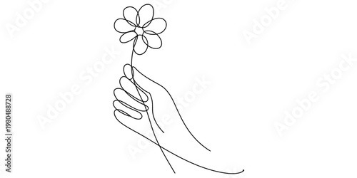 Minimalist continuous line drawing of a human hand delicately holding a single blooming flower