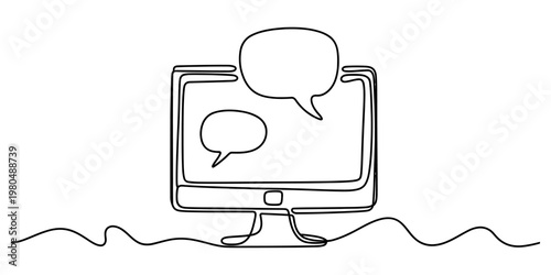 A single continuous line drawing of a computer monitor displaying two speech bubbles for chat