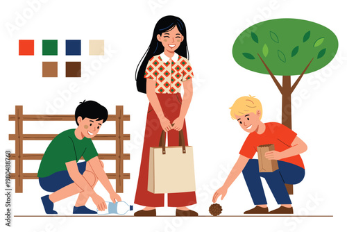 People collecting waste outdoors volunteer work flat design environmental care.