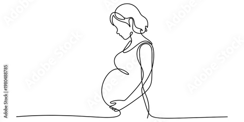 Minimalist continuous line drawing of a pregnant woman looking down at her belly with affection