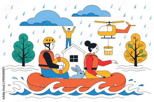 Rescue workers evacuate people during a heavy rain and flood disaster with a helicopter.