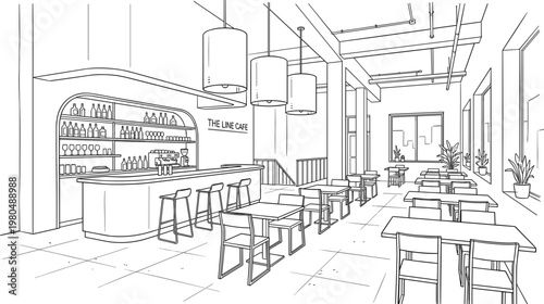 Stylish cafe interior with bar stools tables and modern lighting cozy coffee shop design detailed line illustration