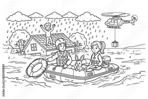 Rescue team in boat saves people and pet from flooded house during storm, helicopter assists.