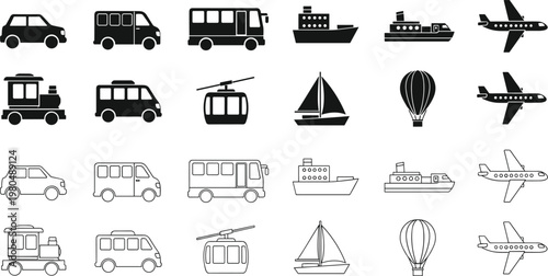 Transportation icon set vector illustration with car bus ship airplane cable car and balloon symbols for travel logistics and mobility design