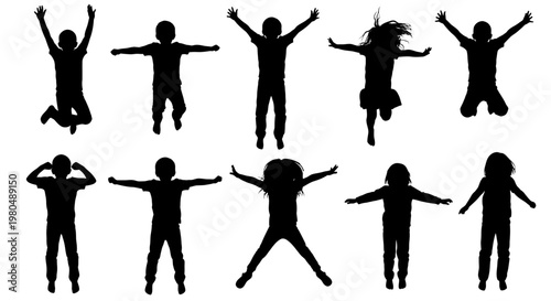 Collection of Silhouettes of Children Jumping Joyfully with Arms Raised in the Air
