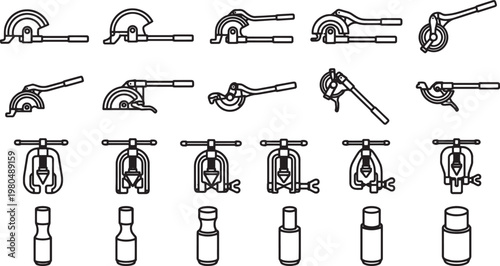 A set of illustrations detailing an assortment of various pipe bender tools, rendered in a simple monochrome style, highlighting their unique designs and functional applications. 