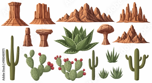 Desert Landscape Elements Cacti, Aloes, and Rock Formations Illustration