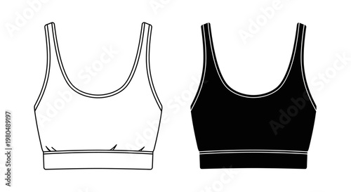 Vector illustration set of women's activewear sports bra technical flats, featuring front views in black and white outline for apparel design and fashion development