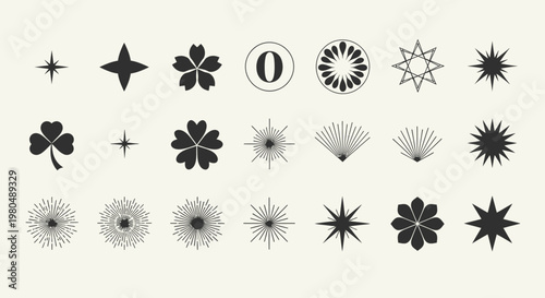 Elegant Collection of Minimalist Vector Graphic Elements Featuring Celestial Stars, Stylized Floral Designs, and Diverse Geometric Shapes
