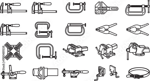 A comprehensive illustration displaying variety of clamps.  It's a study of the essential tools of construction, meticulously captured in a clean graphic form. 
