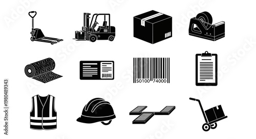 Comprehensive Logistics and Warehousing Icons Set Depicting Shipping, Delivery, and Industrial Supply Chain Elements for Business Operations