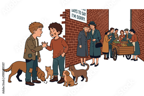 Two poor boys talking on city street alley with pets and people near market fruit cart.