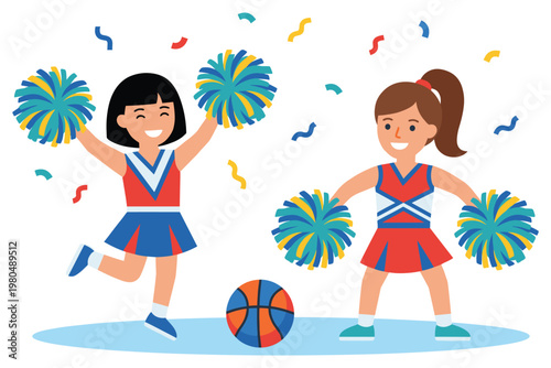 Two young cheerleaders celebrating with pom-poms and basketball on court.