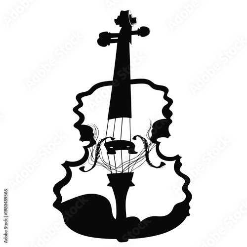 Artistic violin silhouette vector, elegant musical instrument outline with decorative flourishes, classical music string instrument icon for concert posters