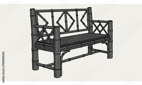 Art Deco Charcoal Grey Bamboo Bench, Perspective view, flat vector illustration, bold solid colors, clean lines, no gradients