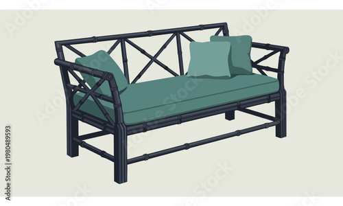 Art Deco Charcoal Grey Bamboo Bench, Perspective view, flat vector illustration, bold solid colors, clean lines, no gradients