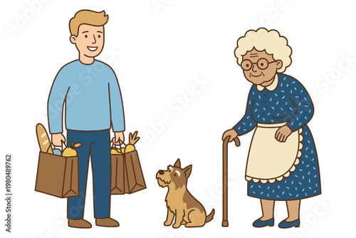 Young man carrying grocery bags helps elderly woman with dog, representing neighborly assistance.