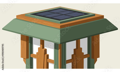 Art Deco Sage Green Oak Outdoor Solar Lights, Close-up detail, flat vector illustration, bold solid colors, clean lines, no gradients