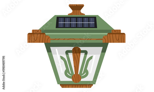 Art Deco Sage Green Oak Outdoor Solar Lights, Close-up detail, flat vector illustration, bold solid colors, clean lines, no gradients