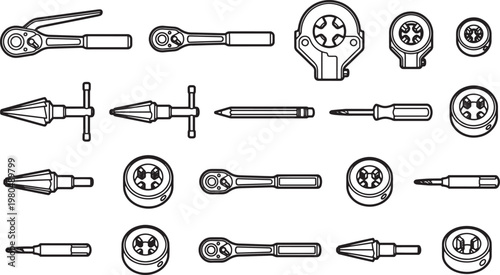 Array of tools arranged in a clean, graphic layout, ideal for technical, mechanical or DIY-related designs.