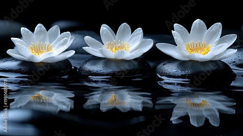 Three water lilies on black stones reflected in the dark water. Great image for relaxation, zen, wellness, or spa concepts.