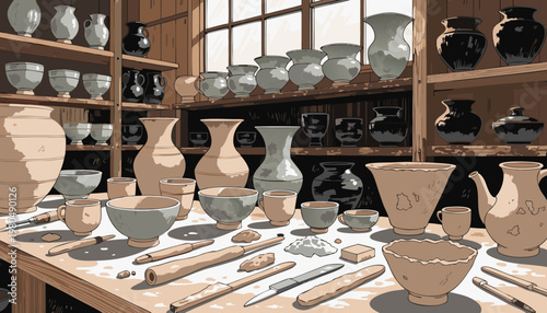 A pottery workshop with various ceramic vases and tools on a wooden table