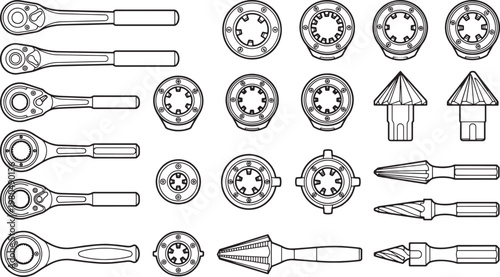 A comprehensive collection of mechanical hand tools and their diverse components laid out on a clean backdrop, illustrating the range of equipment used in repair and maintenance tasks.