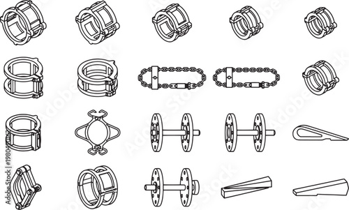 An array of detailed mechanical components, rendered in precise lines, showcasing their intricate designs.