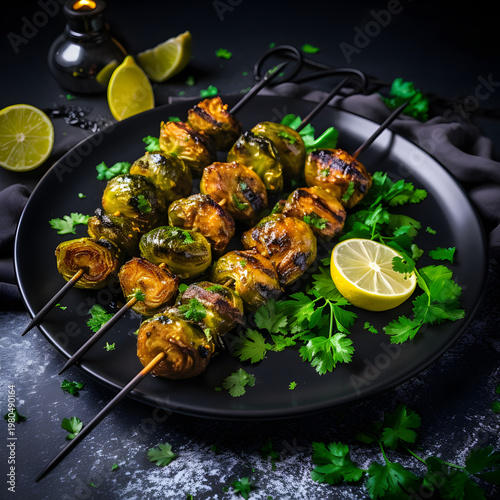 Delicious roasted brussels sprouts served on long wooden skewers arranged perfectly on a black plate with fresh cilantro garnish and vibrant lime wedges which highlight the charred vegetable texture a