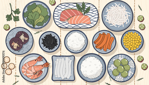 A colorful vector illustration of various sushi ingredients and dishes on a wooden table