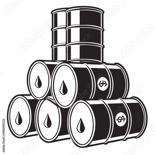 Oil barrels, industrial storage containers, black and white vector icons, petroleum drums