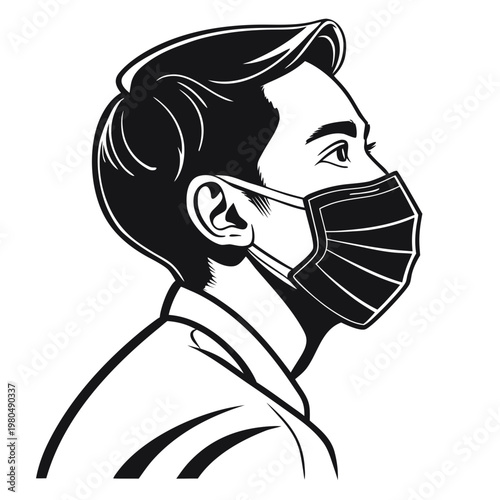 Black and white vector illustration of a man wearing a medical face mask, side profile view, monochrome design, health and safety concept