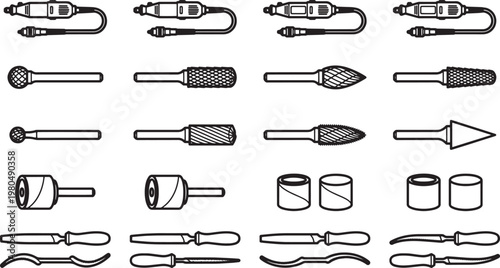 A collection of versatile rotary tools with a diverse assortment of interchangeable bits and accessories, presented in a clean and organized manner.