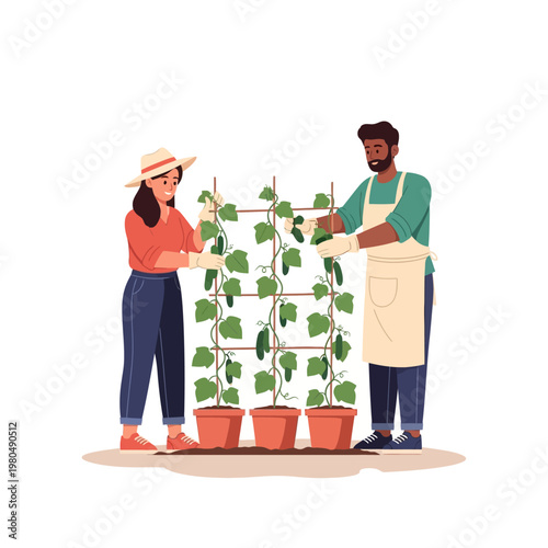 Illustration of a multi-ethnic man and woman gardening together, tending to vertical cucumber vines growing on wooden trellises in three large terracotta pots on white background.