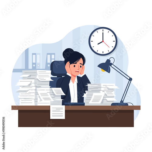 Vector Illustration of an Overwhelmed Businesswoman Sitting at her Desk with Large Stacks of Paperwork and Documents, Holding her Head in Stress with a Wall Clock and Desk Lamp.