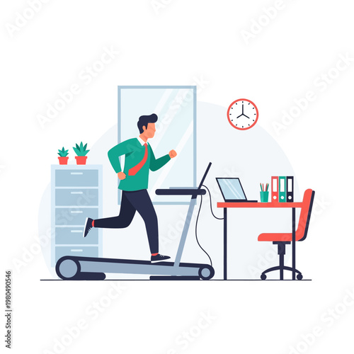 Flat vector illustration of a businessman in a green shirt and red tie running on a treadmill inside a modern office with a desk, laptop, chair, clock, and filing cabinet.